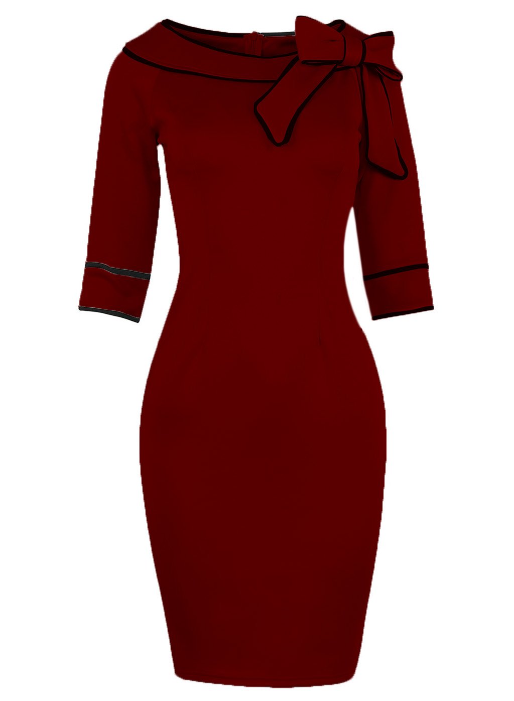 Women's 1950s Retro 3/4 Sleeve Bow Cocktail Party Evening Dress Work Pencil Dress (L, N-Red)