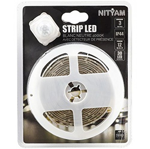 NITYAM STLD_3M_204 Tira de LED de 3 Metros Color Detector de Presencia, Impermeable IP44 utilizable en Interiores y Exteriores, 6 W, Blanc Neutre, 3 Cover