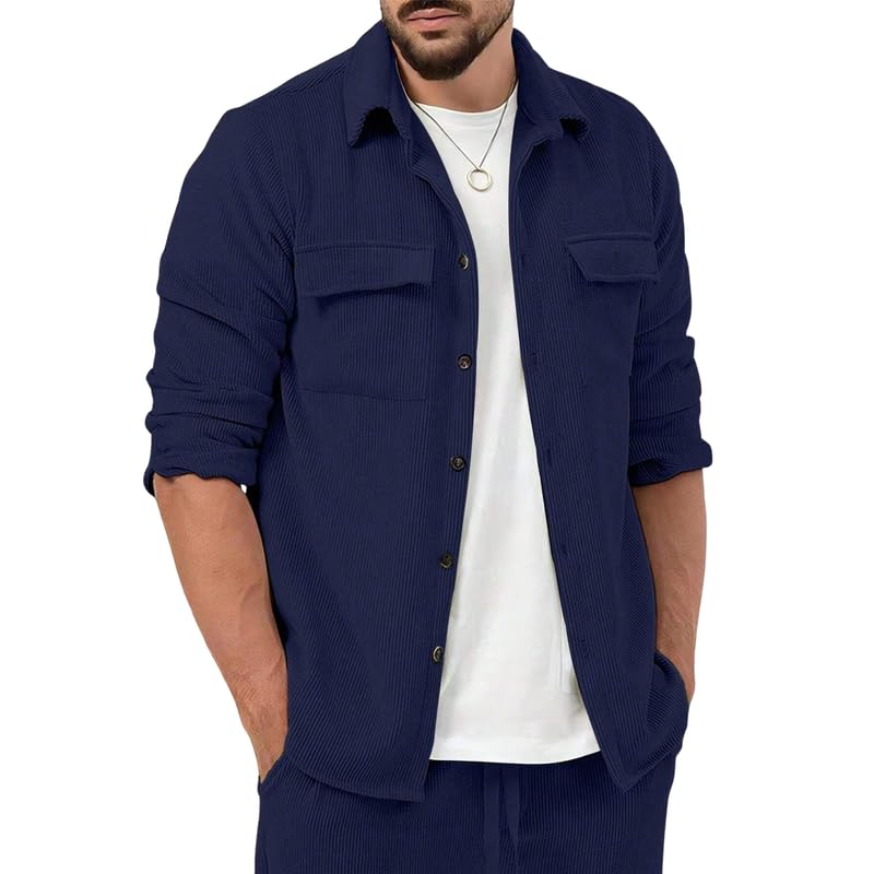 Image of Men Corduroy Casual Jacket Full Sleeve Self Design Button Front with Spread Collar, Woven Cord Lining and Two Pockets for Casual Outings