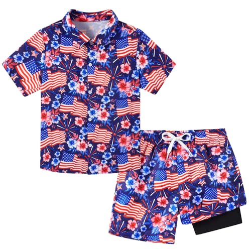 Image of UNICOMIDEA Boys 4th of July Outfits Kids Patriotic Independence Day Tropical Short Sets for 5-12 Years