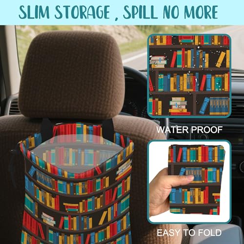 Image of Car Garbage Bag Colorful Bookshelves Library Drawstring Car Trash Bag Hanging for Back Seat with Adjustable Buckle Canvas Vehicle Trash Can Easy-to-Install