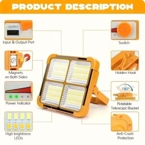 Image of 100W LED Construction Work Light, 10000LM Portable Rechargeable Spotlight with 12000mAh Battery, Solar & USB Rechargeable Flood Light, 4 Lighting Modes, IP66 Emergency Camping Light for Garage,Outdoor