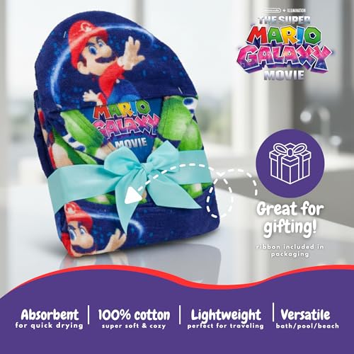 Image of The Super Mario Galaxy Movie Kids Super Soft Bath /Pool /Beach Soft Cotton Terry Hooded Towel Wrap, 24 in x 50 in, Mario & Luigi, (100% Officially Licensed Product) By Franco