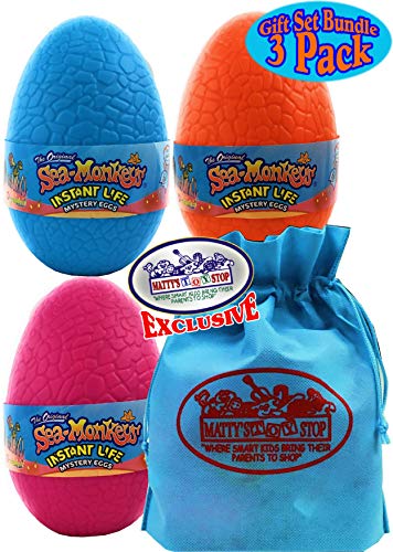 Mattys Toy Stop Schylling Sea-Monkeys Instant Life Mystery Eggs Blue Pink & Orange Gift Set Bundle with Bonus Storage Bag - 3 Pack