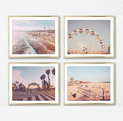 Santa Monica & Venice Beach Photography Photographic Prints, Set of 4, Unframed, Ferris Wheel, Pacific, Beach Walk, Boardwalk Art Decor Poster Sign, 8x10 Inches