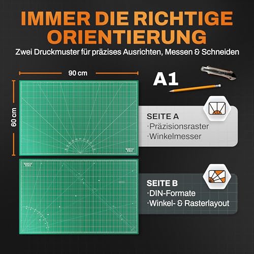 CRAFTUS Schneidematte A1 Grün [60x90cm] | Bastelunterlage selbstheilend mit 5-lagigem Schnittschutzkern | Bastelmatte mit beidseitigen Präzisionsmuster & Winkelmesser