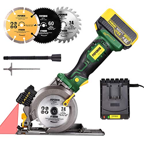 Cordless Circular Saw 20V, POPOMAN 4-1/2' Compact Circular Saw with 4.0AH Lithium-Ion battery fast charger, 3 Saw Blades, Laser Guide, 4500RPM Ideal for Wood, Soft Metal, Tile, Plastic Cuts