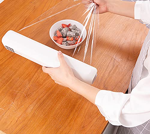 JIEQIJIAJU Plastic Wrap Dispenser with Slide Cutter, Refillable Cling Film Dispenser with Steel Cutter and 12\'\'x250\'\' BPA Free Household Reusable Food Wrap Dispenser with Cutter for Foil/Film Roll