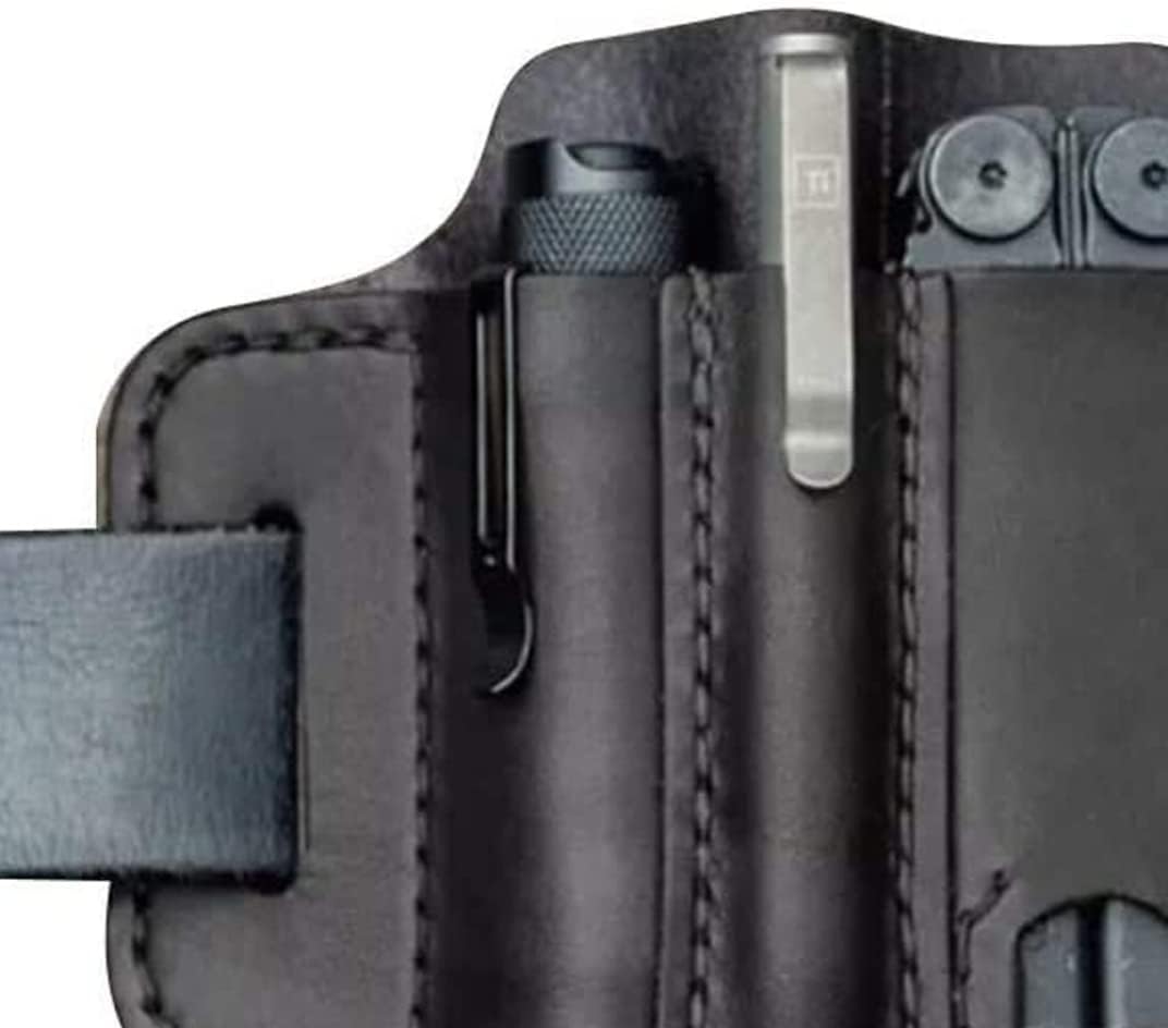 Leather Multitool Sheath for Belt, EDC Pocket Organizer with Key Holder, Storage Belt Waist Bag Flashlight Holster, Multitool Pouch for Men Camping (Black)