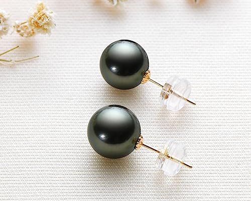 18K Gold Natural Round Cultured Black Pearl Stud Earrings For Women, 8-9Mm High Luster Tahitian South Sea Cultured Pearl Earrings Mothers Day Gifts For Mom- Yellow Gold #TOP1