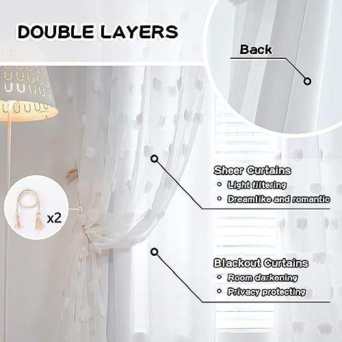 Image of MYSKY HOME White Curtains for Living Room 90 Inches Long Nursery Curtains for Bedroom Double Layer Curtains White Pom Pom Sheer Curtains for Dining Room Grommet Room Darkening Window Panels W52 X L90