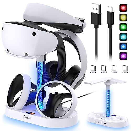 Station de Charge pour PSVR2 avec 9 Lumières RGB, MENEEA Station de Charger pour Manette PlayStation VR2, Support de Casque et 4 Ports de Chargement Magnétiques de Type C