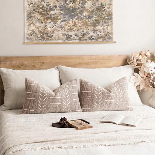 Image of Foindtower Set of 2 Decorative Chenille Jacquard Throw Pillow Covers Textured Farmhouse Lumbar Cushion Covers Modern Boho Accent Home Decor for Sofa Chair Couch Bed Living Room,12x20 Inch,Light Taupe