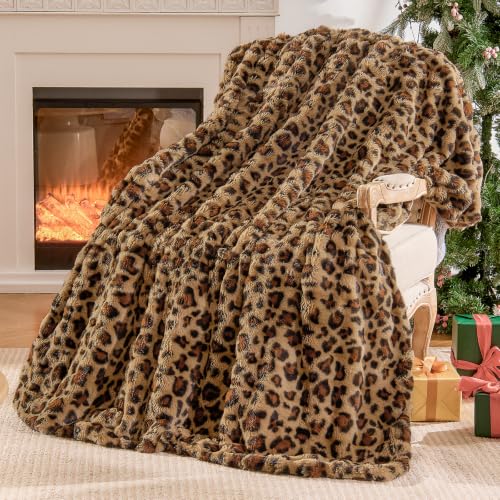 Image of EMME Faux Rabbit Fur Bubble Throw Blanket, Leopard Print 50 inch x 60 inch