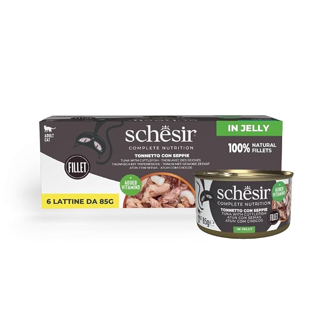 Schesir, Atún con Sepia en Gelatina, Comida Húmeda Completa para Gatos, en Lata, con Vitaminas Añadidas