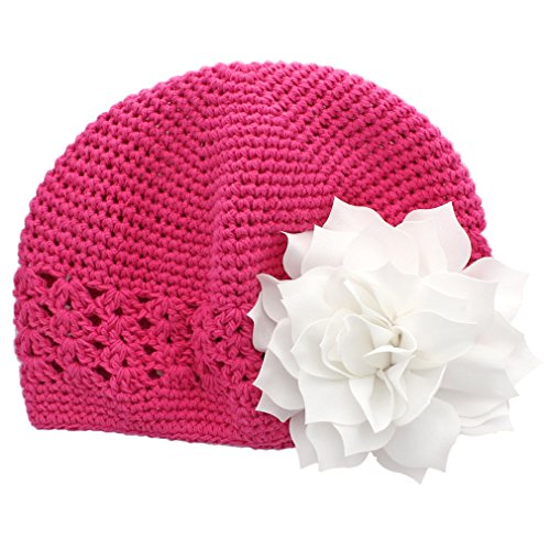 My Lello Little Girl's Crochet Beanie Hat With Flower One Size Hot Pink/White #TOP17