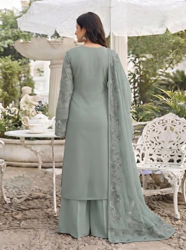 Image of RUDRAPRAYAG Women's Georgette Fabric Wih Embroidered Sequence Work And On Neck Moti Hand Work Semi Stitched Sharara Salwar Suit With Dupatta Set