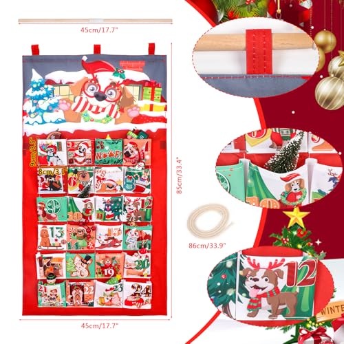 HOWAF Hund Adventskalender zum Befüllen, Hund Weihnachtskalender 2025 Advent Calendar zum Aufhängen aus Stoff für Weihnachtsdeko, mit 24 Taschen 10x10cm