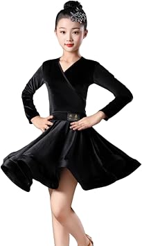 Girls Latin Dance Dress, Child Long Sleeve Velvet Competition Clothes Salsa Ballroom Tango Show Dresses