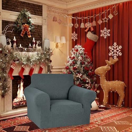 KEKUOU Stretch Single Sofa Slipcover 1 Piece Couch Sofa Cover (31"-55") Furniture Protector 1 Seater Sofa with Elastic Bottom for Kids,Pet.Jacquard Small Checked Pattern Fabric(Small,Grey)