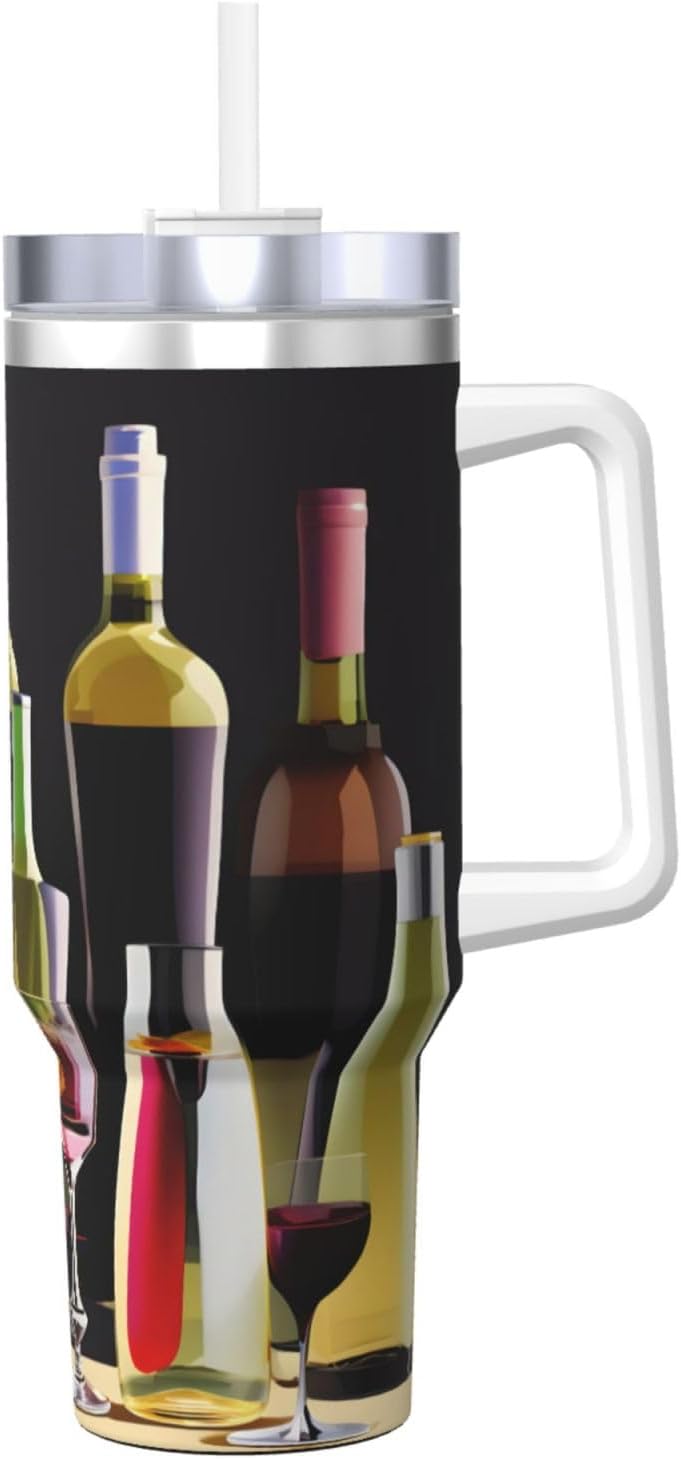 40 OZ Cocktail Glasses and Wine Bottles Print Ice Bully Cup with Handle Straw Lid Straw,Stainless Steel Tumbler Coffee Cup