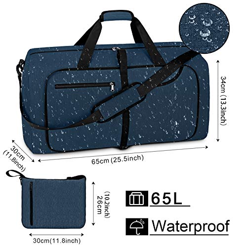 Travel Duffel Bag 65L Foldable Weekender Overnight Bags for Men Women Waterproof Sports Gym Bag with Shoes Compartment Holdall Weekend Bag Blue