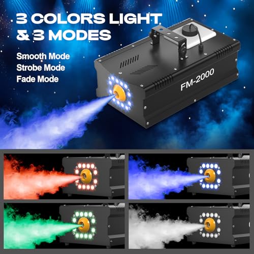 Máquina de humo de 2000 W con 12 luces LED RGB y control remoto inalámbrico, efecto de humo de alta potencia para fiestas, bodas y escenarios miniatura 2