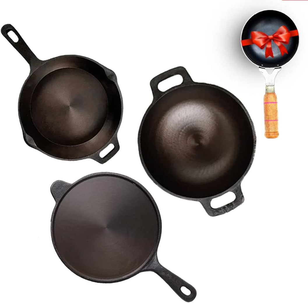 - Super Smooth Cast Iron Cookware Set+ Free Iron Tadka Pan|Tawa(26.3Cm)+Kadai(25.4Cm/2L)+Fry Pan(25.4Cm/1.7L)|Kitchen Cooking Combo Pots And Pans Set Of 4Pcs|Naturally Nonstick,Black