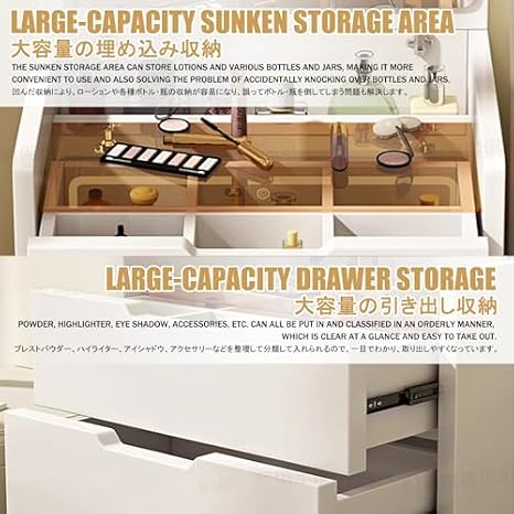 Dressing Table Makeup Table with Flip Top Mirror and Removable Storage Padded Seat Stool Led Smart Glass Dressing Table Chair Set,Vanity Table Set with Mirror & Drawers - Makeup Dressing Tab