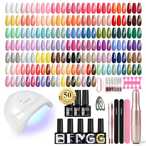 PHOENIXY Kit Uñas Semipermanentes Con Taladro de Uñas y Lámparas UV 45 Colors Esmaltes Semipermanentes Para Uñas 66 PCS Kit de Manicura Profesional Con 4 Capas Superiores de Efecto Regalo Para Mujeres