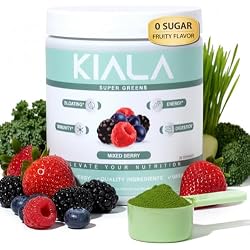 Kiala Nutrition Super Greens Powder with Spirulina & Chlorella for Digestion, Gut Health, Immunity, Adaptogens, Energy, Gluten Free, Vegan, Sugar Free, Mixed Berry, 30 Servings