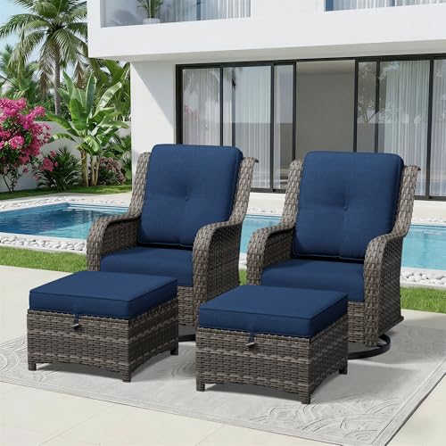 Image of 4 Piece Outdoor Wicker Patio Furniture Set, Outdoor Swivel Rocker Patio Chairs Set with Thickened Olefin Cushions, High Back and Deep Seating, Hand-Woven PE Rattan, Ottoman for Porch, Deck