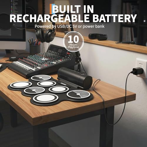 Image of Wireless Electronic Drum Set with 7 Pads, Portable Roll-Up Practice Kit for Kids & Beginners , Built-in Speaker, LED Lights, Recording & Headphone Output ,Includes Kick Pedal, Drum Sticks