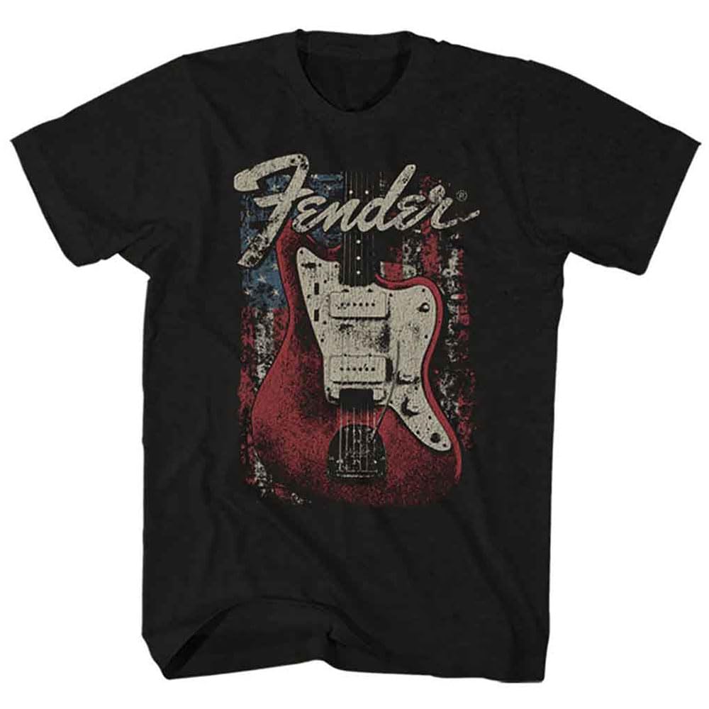 Rock Off Officially Licensed Products Men's Black Fender Distressed Guitar T Shirt S