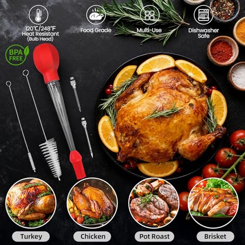 SCHVUBENR Large Turkey Baster for Cooking - 2-in-1 Baster Tool with Basting Brush Head - Baster Syringe for Hot Liquids - Includes 2 Meat Injector Needles - Thanksgiving, Christmas Essentials - Red
