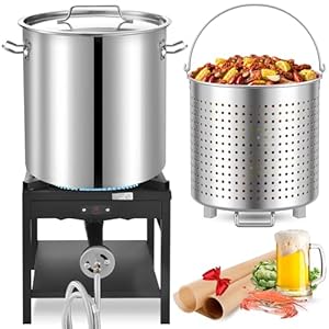 ARC 84QT Stainless Steel Seafood Boiling Kit with Strainer and 200,000BTU Propane Stove, Crab Crawfish Boil Pot and Burner for Outdoors Cooking and Steaming, Large Stockpot, Non-Assembly