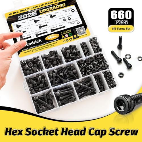 Image of Kadrick M6 Screw Assortment Kit 660PCS,M6x8mm-40mm Bolts with Nuts,Washers & Hex Wrench, Class 12.9 Socket Head Cap M6 Screws, Black Zinc Plated, for DIY, Industrial & Mechanical Use