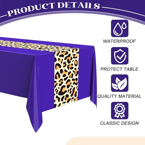 Image of Buryeah Leopard Print Tablecloth 54 x 108'' Leopard Plastic Table Cover Disposable Safari Animal Cheetah Print Party Decorations for Baby Shower Wedding Birthday Party Favors(Purple,3 Pcs)