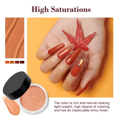 AZUREBEAUTY Dip Powder Nail Kit Starter, Orange Brown Glitter, 4 Fall Pumpkin Maple Dark Colors Set, French Halloween Nail Art Base Top Coat Activator Essential Liquid Manicure DIY Salon 12 PCS - Image 3
