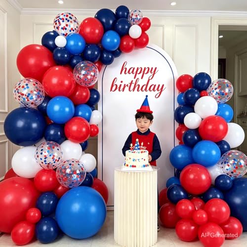 Image of Zesliwy Red Blue White Balloon Arch Kit,Navy Pearl Blue Dark Blue Red White Balloons Garland with Confetti for 4th of July Patriotic Day Anniversary Nautical Graduation Birthday Party Decoration