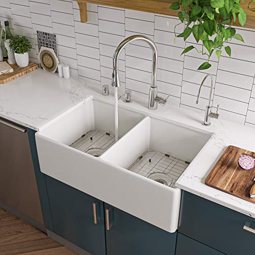ALFI brand AB538 32-Inch Smooth Double Bowl Fireclay Farmhouse Kitchen Sink, White