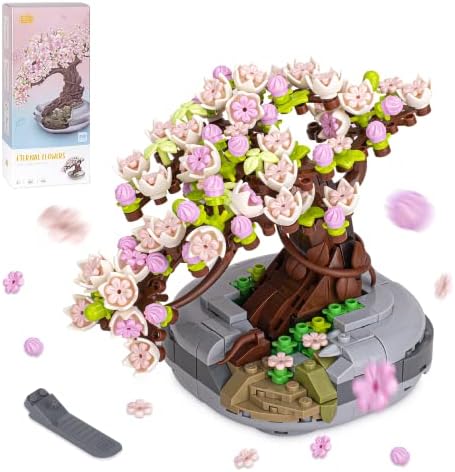 Bonsai Tree Building Kit Compatible with Lego, Mini Beautiful Cherry Blossom Flowers Building Bricks, Cute Brilliant Sakura Botanical Collection Building Project for Adults, Kids