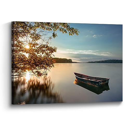 the stream design Lake Landscape Canvas Wall Art: Sunset Nature Scenery Picture Painting Print Decor Relaxing Boat Water Artwork for Bedroom Living Room Home Office Decoration