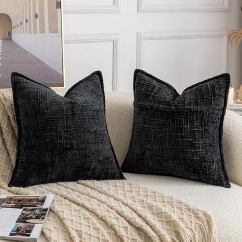 Image of MADIZZ Pack of 2 Chenille Throw Pillow Covers 20x20 Inch Black Soft Neutral Decorative Throw Pillows for Couch Sofa Boho Accent Cushion Covers Modern Farmhouse Home Decor for Bedroom Living Room