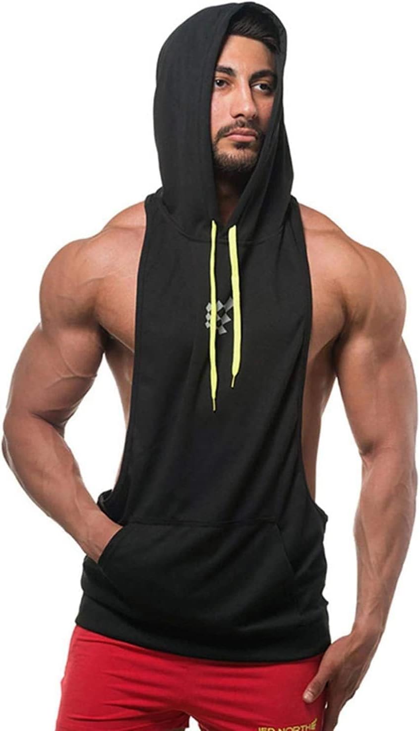Men's Sleeveless Hoodie, Quick Dry Gym Wear Muscle Hoodie Vest, Workout Bodybuilding Clothing, Lifting Tank Tops, Moisture Wicking Clothes, Running Hooded Vest for Men