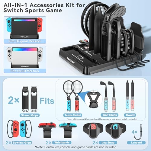 Switch Sports Accessories Bundle with Organizer Station Compatible with Nintendo Switch/OLED Console & Joy-con, Storage and Organizer for Switch Sports Game, Family Sports Party Accessories Kit, Black