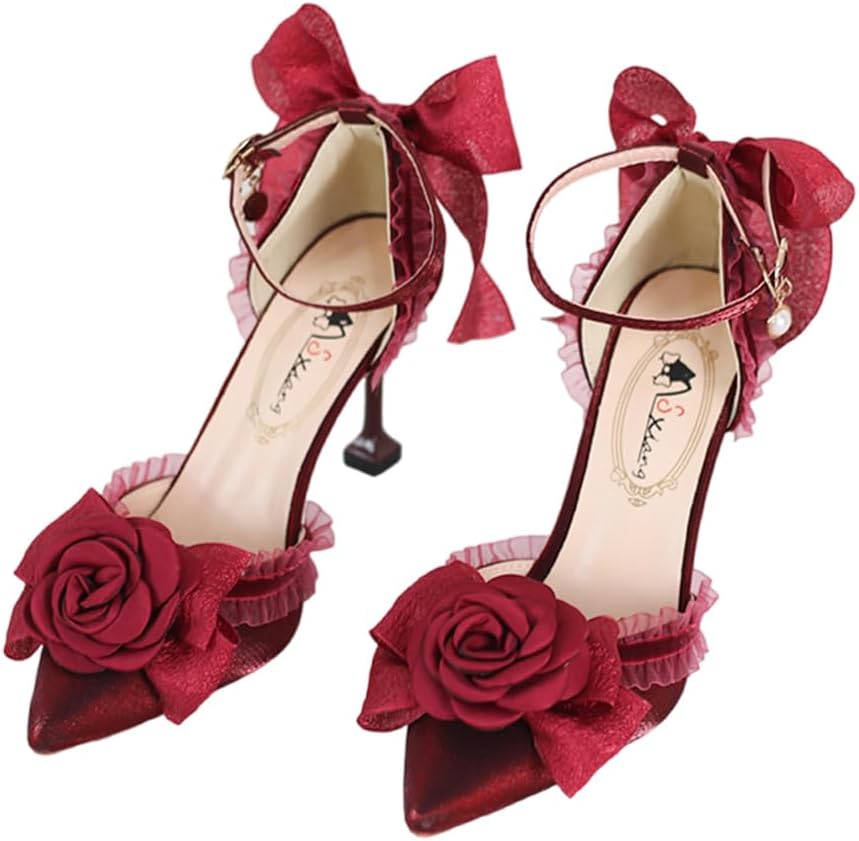 Lolita High Stiletto Heels Flower Ankle Strap Pump Heeled Sandals Gothic Pointed Toe Pumps Princess Shoes for Women