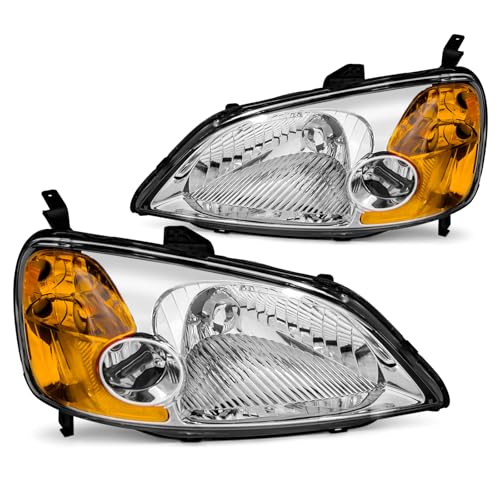 AXLAHA for 2001-2003 Honda Civic Headlights Assembly Compatible with 2001 2002 2003 Civic 2-4DR Chrome Housing Amber Reflector Replacement Driver & Passenger Side