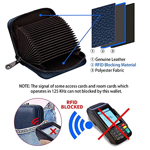 Image of LINNO RFID 20 Card Slots Credit Card Holder Genuine Leather Small Card Case for Women or Men Accordion Wallet with Zipper, Dark Blue,