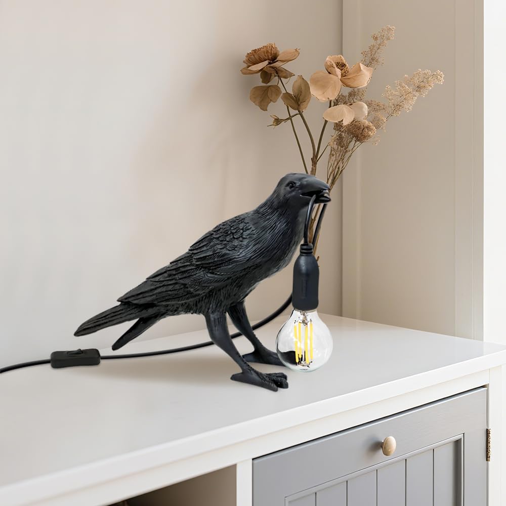 Resina Lampada da Comodino,Lampadas Tavolo Stile Corvo,Con Interruttore A Bottone,Lampada da Scrivani Per Soggiorno Camera Da Letto Ufficio,Nero Luce Lettura e Luce Notturna,Lampade E14 non Incluse